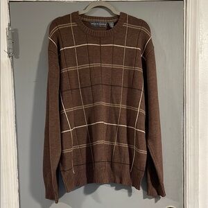 Oscar de la Renta Brown Crewneck‎ Sweater with Plaid Pattern XXL